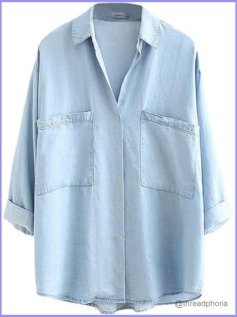 Womens Button Down Shirt Soft Tencel Oversized 3/4 Sleeve Blouse